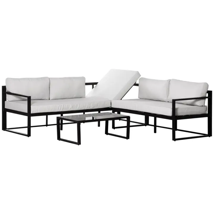Outsunny Conjunto de Muebles de Jardín 3 Piezas de Aluminio con Mesa de Vidrio Sofá de 5 Plazas con Respaldo Ajustable y Cojines Extraíbles 212x70x64 cm Negro y Gris - 1