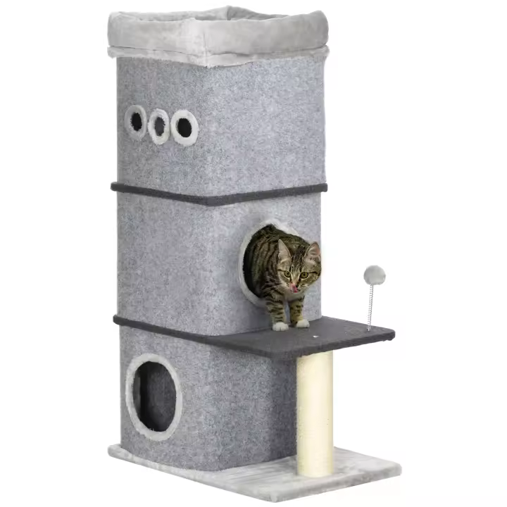 PawHut Barril Rascador para Gatos de 3 Niveles Altura 102 cm Torre para Gatos con Caseta de Fieltro Desmontable Poste de Sisal Cama y Bola de Juguete 60x40x102 cm Gris - 1