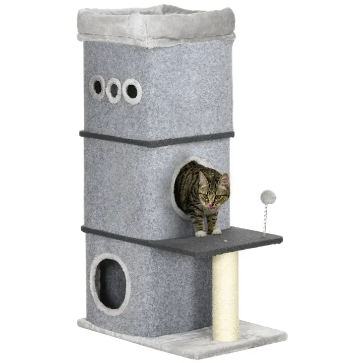 PawHut Barril Rascador para Gatos de 3 Niveles Altura 102 cm Torre para Gatos con Caseta de Fieltro Desmontable Poste de Sisal Cama y Bola de Juguete 60x40x102 cm Gris - 1