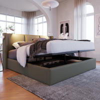 Somier Cama Juvenil PU 140x200 with somier (with colchón) Cama tapizada Cama Doble Caja de Almacén Lámpara de Lectura con función de carga USB Cabecero, Cama de Almacén Somier - details 1