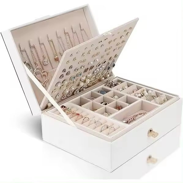 Joyero organizer para Collares, pendientes, pulseras, anillos, estuche Grande de almacenamiento de joyas de cuero PU with 3 Capas apilables, Joyeros - 1