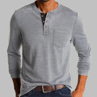 Camiseta De Hombre Elegante De Moda Primavera/Otoño Con Botones Collar Abierto Parcial Solido Con Bolsillo Manga Larga Top Para Comercio - details 8