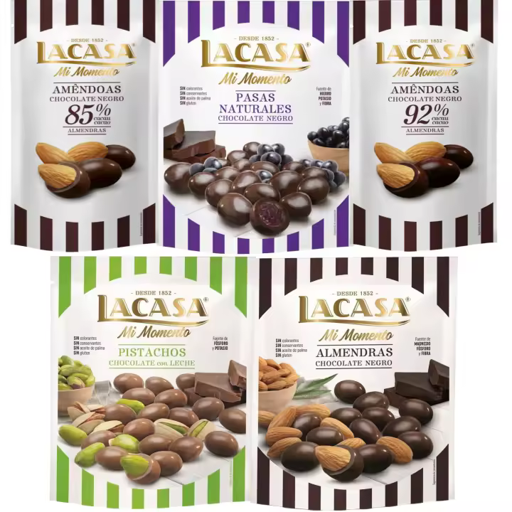 Lacasa Mi Momento pack de 5:Almendra 92% ,Almendra 85% ,Pasas Chocolate Negro ,Almendra Chocolate Negro ,Pistacho Chocolate Leche - 1