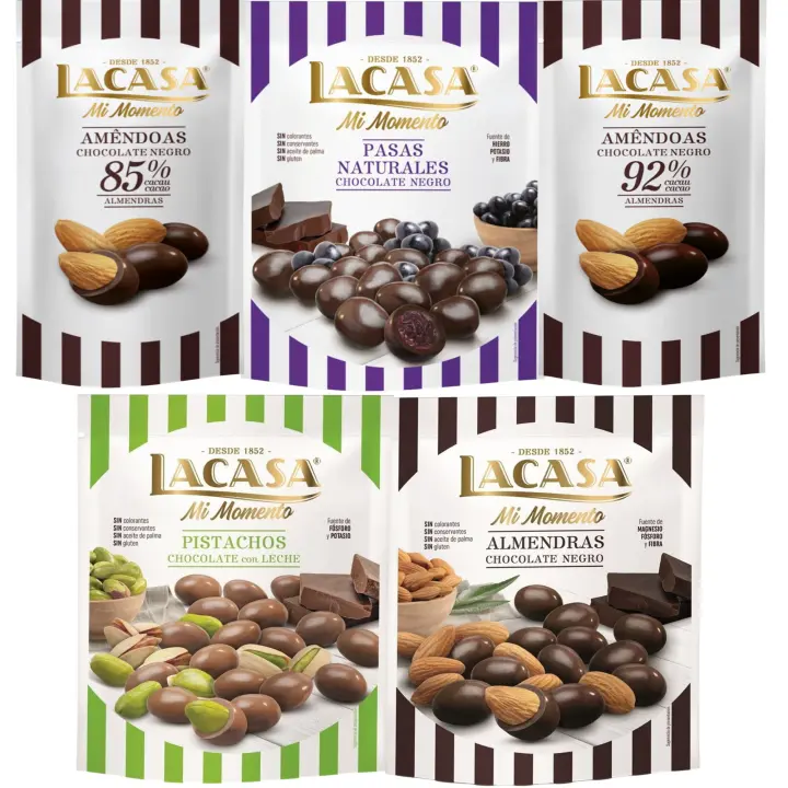Lacasa Mi Momento pack de 5:Almendra 92% ,Almendra 85% ,Pasas Chocolate Negro ,Almendra Chocolate Negro ,Pistacho Chocolate Leche - 1
