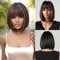 Pelucas Sintéticas De Ombre Negro Marrón Con Flequillo Textura Ondulada Resistente Al Calor Para Fiestas Y Cosplay Peluca Médium Para Mujeres Afro - details 18
