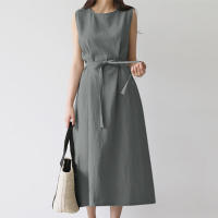 Vestido Largo De Verano Para Mujer Estilo Vintage De Algodón Y Lino Cuello Redondo Sin Mangas Cinturado Talla Grande Casual - details 18