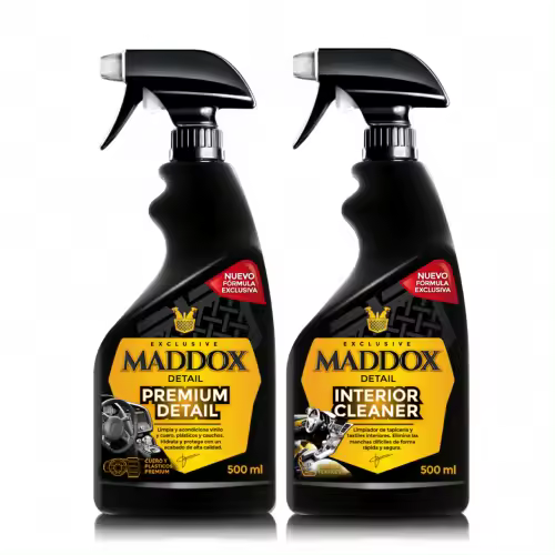 Maddox Detail - Interior Care Kit - Kit Limpieza y Cuidado del Interior del Coche. Limpiador de Salpicaderos con Abrillantador y Limpia Tapicerias Textil. 2 Productos Limpieza Coche de 500 ml - 1