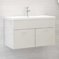 vidaXL Mueble con lavabo madera de ingeniería en color Blanco/Blanco brillante/Gris hormigón y más | almacenamiento funcional diseño moderno para baño dormitorio sala - details 1