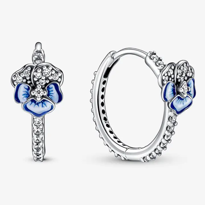 Pandora Pendientes de Aro en Plata de Ley Pensamiento Azul Abrazo Brillante，Incluye Caja Original - 1