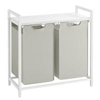 Cesto doble para ropa sucia con estante 2x46 litros, marco metálico, bolsas de tela oxford extraíbles, 73x33x72 cm, en marrón rústico, negro o blanco - details 0