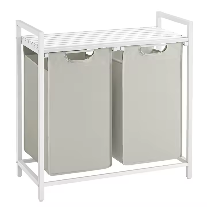 Cesto doble para ropa sucia con estante 2x46 litros, marco metálico, bolsas de tela oxford extraíbles, 73x33x72 cm, en marrón rústico, negro o blanco - 1