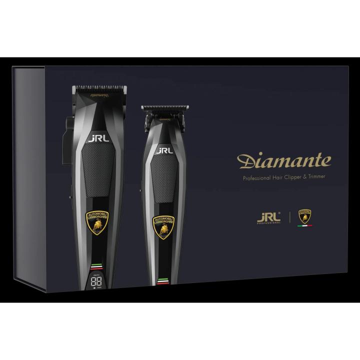 JRL PACK JRL LAMBORGHINI DIAMANTE HAIR CLIPPER & TRIMMER NEGRO. Este exclusivo pack combina la máquina de corte profesional DI2025C y la trimmer de precisión DI2025T, inspiradas en la ingeniería Lamborghini. Sus motores Brushless de 8.200 rpm
