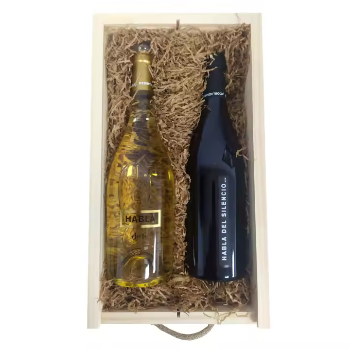 Deliex delicias de Extremadura. Caja de madera con vinos Habla del Silencio y Habla de ti, lote de vinos para regalos a hombres y mujeres. - 1