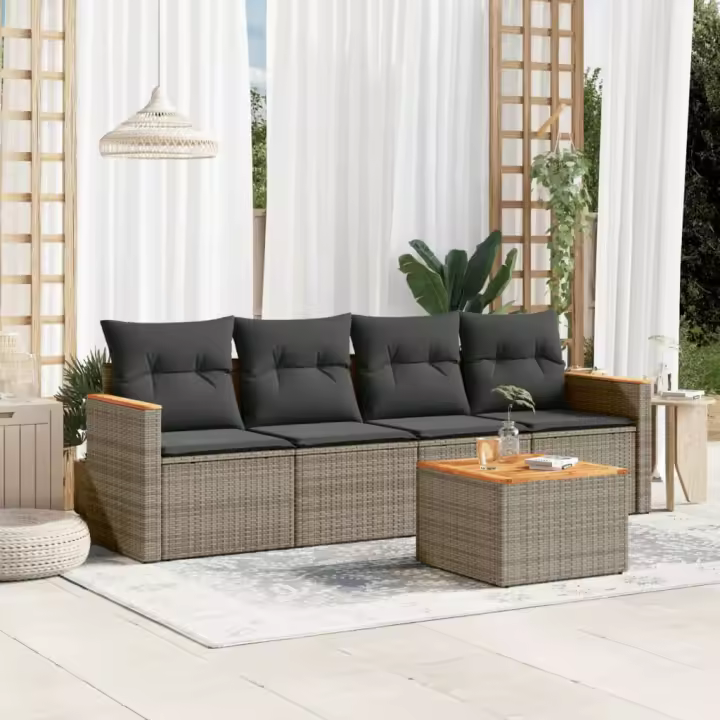 vidaXL Juego de sofás jardín con cojines 5 pzas ratán sintético gris - 1