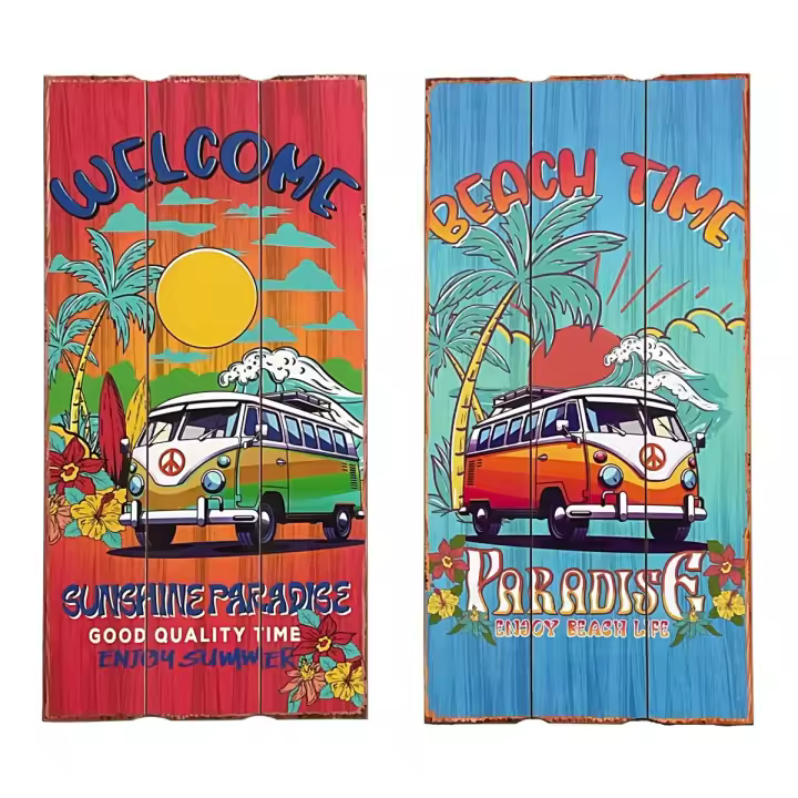CAPRILO REGALOS & DECORACIÓN Set de 2 Adornos Pared Decorativos "Furgoneta con Tablas  Surf". Cuadros y Apliques. Muebles Auxiliares. Decoración Hogar. Verano. Regalos Originales. 30 x 2 x 60 cm. - 1