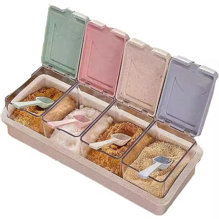 Botella, Caja de especias para pan de trigo, Botellas, Organizador de condimentos, Parrillas con 4 cucharas, Aliento de cocina creativo, Sal, Pimienta, Azúcar, - 1