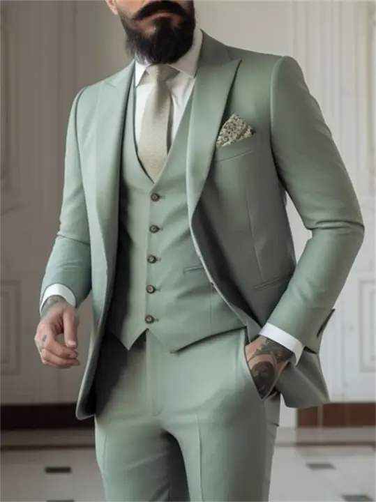 Traje De Novio Verde Sabio Para Hombre 3 Piezas (Chaleco+Pantalón+Abrigo) Trajes Formales Para Bodas Y Bailes De Prom Talla Delgada - 1