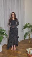 Vestido Maxi De Mujer Elegante Y Fresco Con Puntos Asimétrico Y Manga Larga Detalles De Cinturón Slim A-Line De Chiffon - details 7