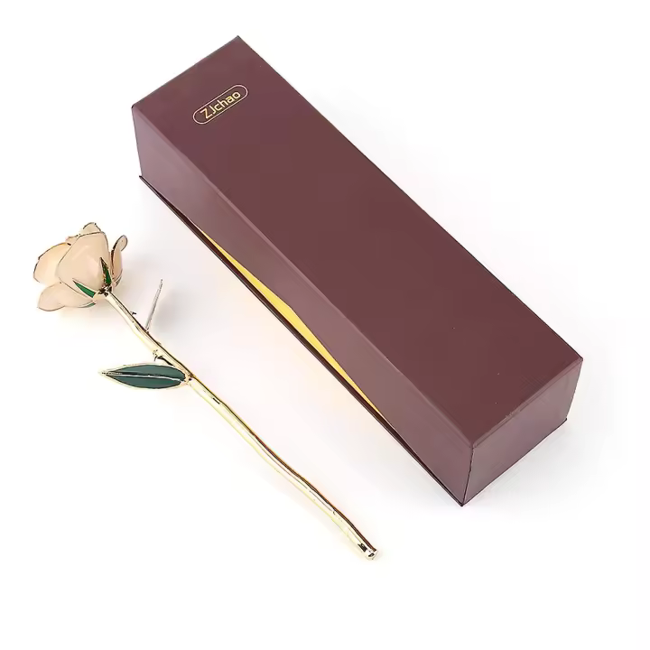 24k Gold Dipped Rose Flower Long Stem Handcrafted Ornament Gift with Straight Handle - 1
