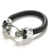 Pulsera Calaveras de Piel Trenzada y Acero Inoxidable Cierre Anillo Doble Calavera - details 3