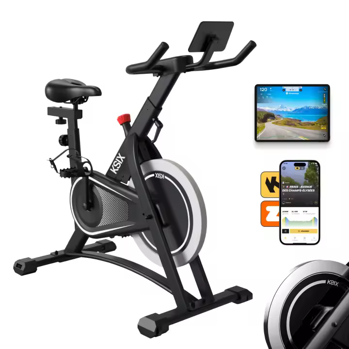 Bicicleta estática indoor KSIX KB01, Soporte Tablet y Smart Phone, Ajustable, Compatible apps Kinomap y Zwift, Negro - 1