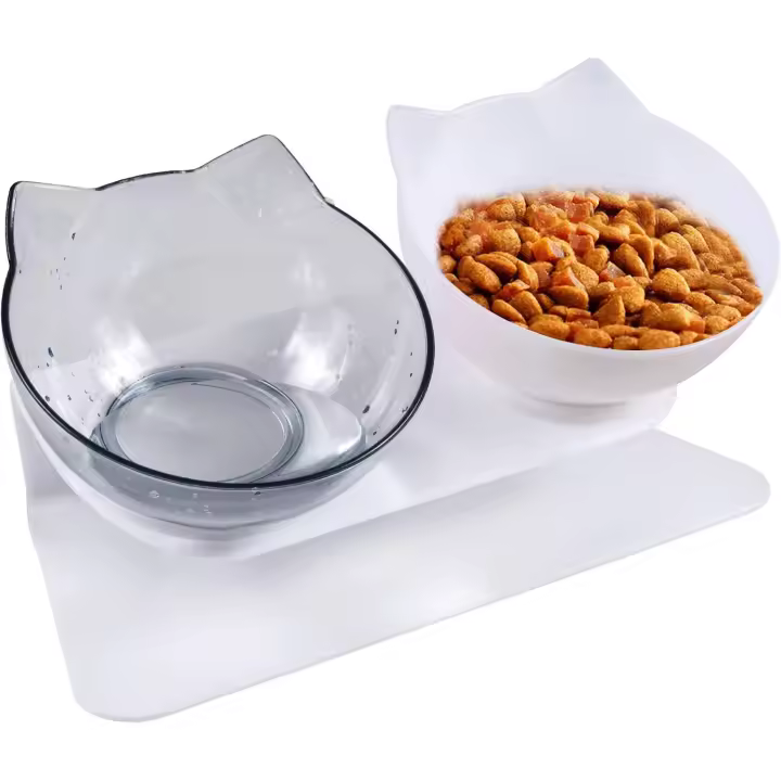 Cuenco doble elevado para gatos, Juego de cuencos inclinables para gatos, comedero para perros y gatos pequeños (1 cuenco blanco para gatos + 1 transparente) - 1