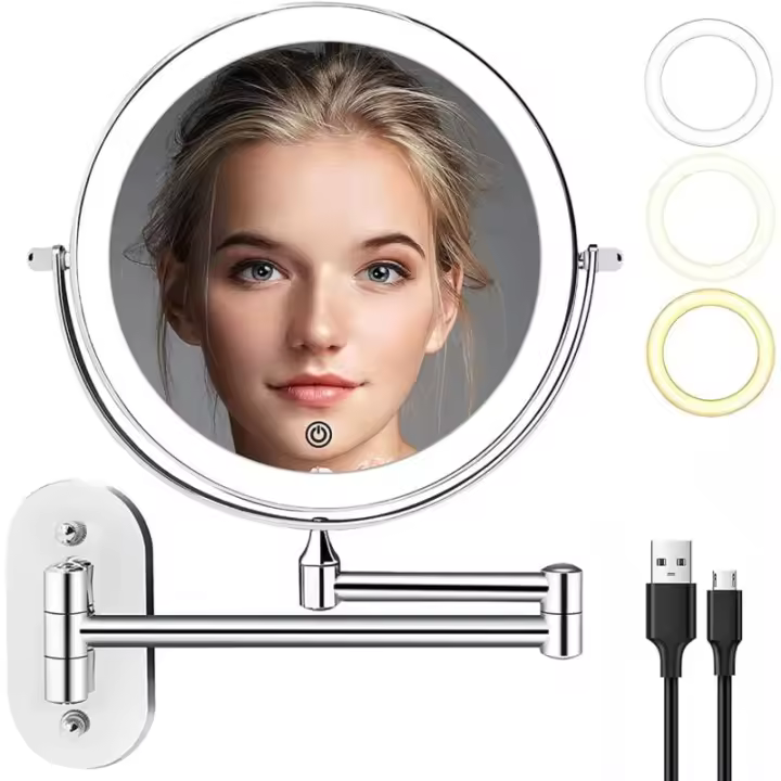 Lupa de pared LED recargable, espejo de maquillaje montado en la pared de 8 pulgadas con 3 luces coloridas y 1 aumento de 10x, espejo de iluminación de afeitado extensible giratorio de 360° - 1