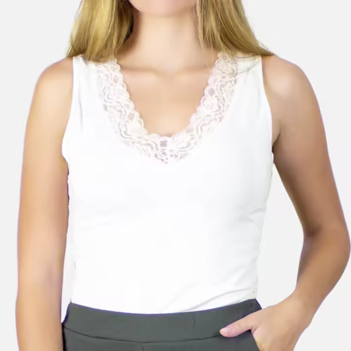 Top con encaje en el escote para mujer, con tirantes anchos y cuello en V, ajustado, distintos colores y tallas a elegir, Le Côté Chic - 1