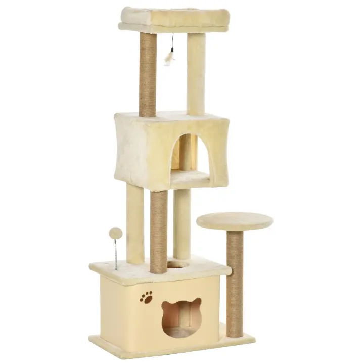 PawHut Árbol Rascador para Gatos Grande 60x34x136 cm Centro de Actividades con Plataformas Cuevas de Felpa Desmontable Postes de Yute Bola Juguete Colgante Beige - 1