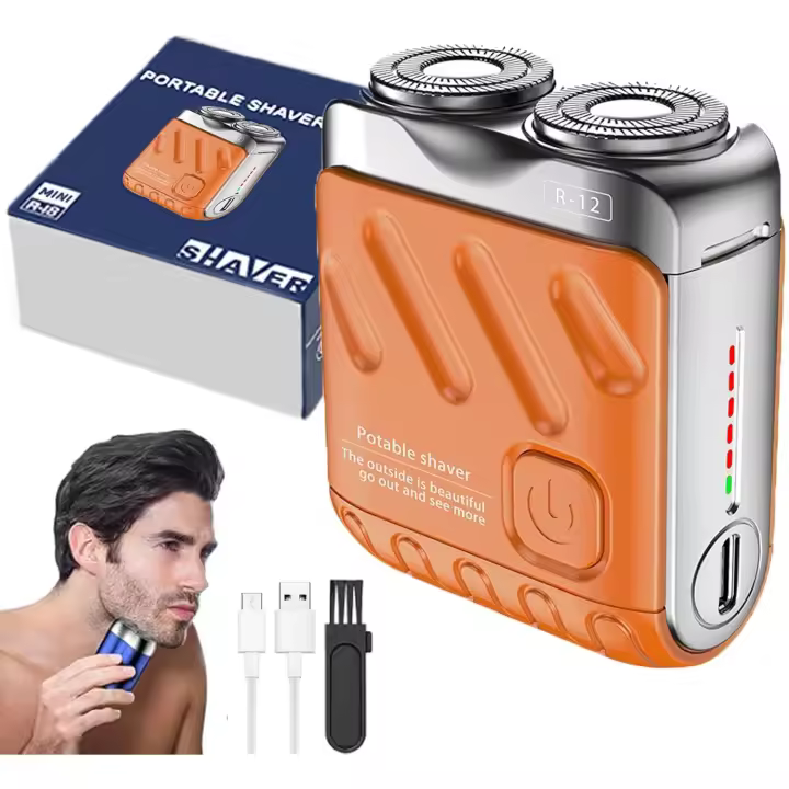 Afeitadora eléctrica portátil de doble anillo rotatorio, mini afeitadora recargable para equipaje para hombres, cortador magnético, diseño impermeable, fácil de limpiar para el hogar y viajes (naranja) - 1