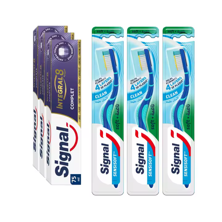 Signal Pack Pasta de Dientes Integral 8 Protección Completa 75ml x3 + Cepillo de Dientes Sensisoft Suave x3 - Pack de 6 - 1
