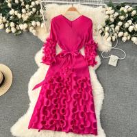 Vestido Elegante De Mujer 2024 Pleated Miyak Primavera Otoño V-Neck Suéter Beaded Exquisito Cinturón A-Line Midi Vintage Polyester - details 20