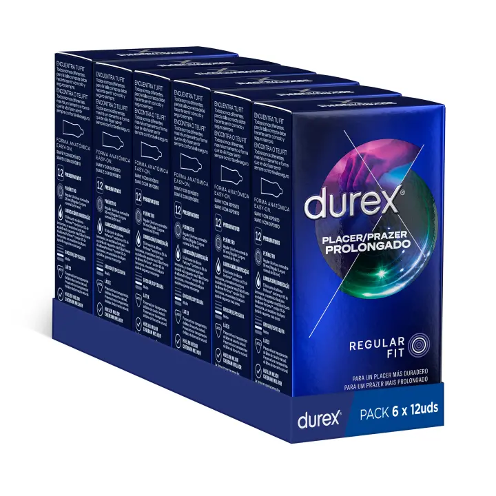 Durex - Condones Placer Prolongado, Pack de 72 Preservativos para Sexo Seguro. Perímetro Regular, Grosor Medio. 6 Cajitas - 1