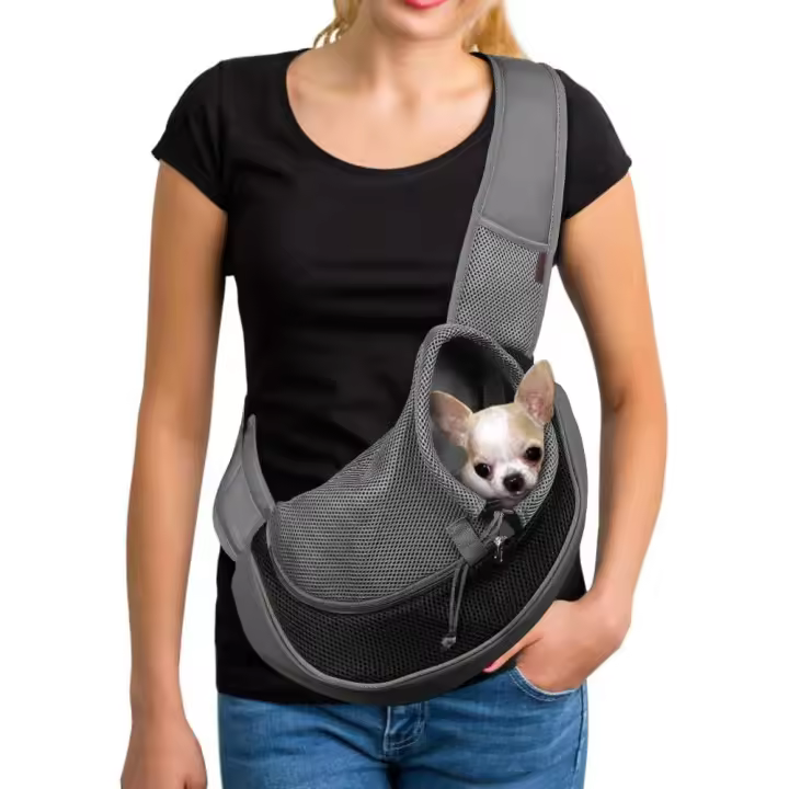 Portabebés para perros pequeños y gatos: portabebés manos libres con gancho de seguridad, bolsillo grande con cremallera, malla suave y transpirable, correa ajustable y banda reflectante (Negro 1.0 S) - 1