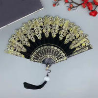Abanico Plegable Antiguo Chino Para Mujer En Plástico Decoración Japonesa Para El Hogar Negro Rojo Boda Fiesta Danza - details 0
