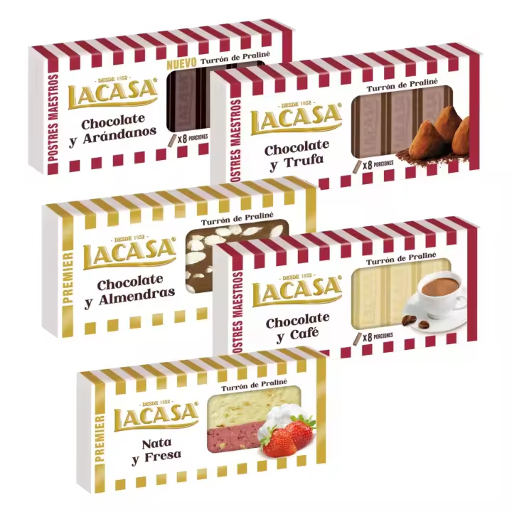 Turrones Lacasa: 5 tabletas de Turron variadas: Chocolate y almendra, Chocolate y arándanos, Chocolate y café, Chocolate y trufa, Nata y fres - 1