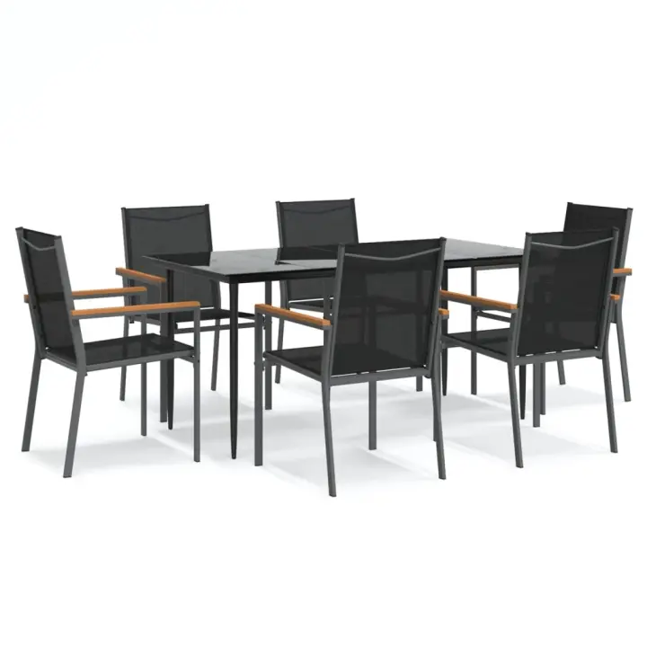 vidaXL Juego de comedor para jardín 7 piezas acero y textilene negro - 1