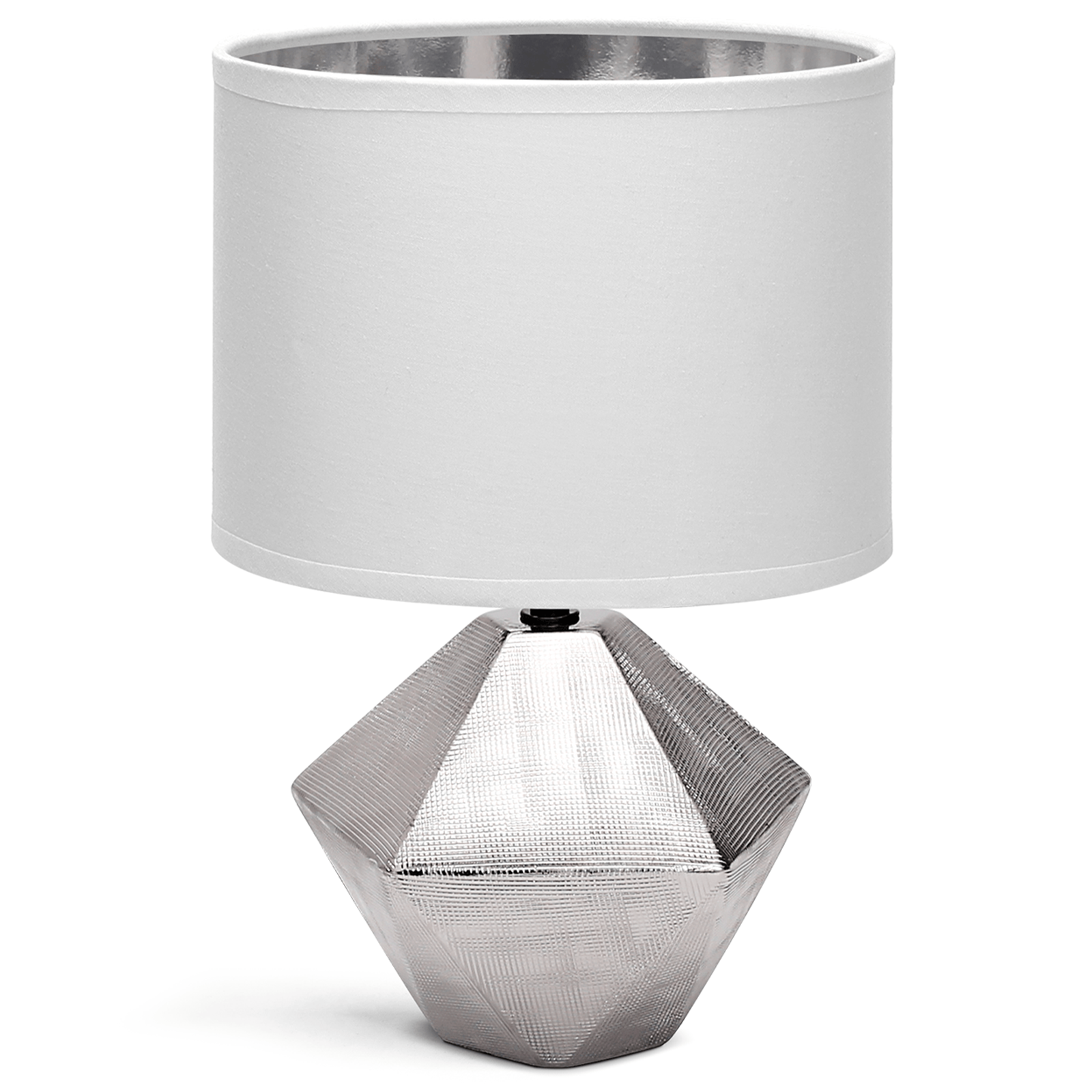 Aigostar Lámpara de Cerámica, casquillo E14, φ220mm. Forma de diamante, Plateado. Lámpara de Mesa o Mesita de Noche, Pantalla de Tela, Lámpara Escritorio Diseño moderno para Estudio, Salón