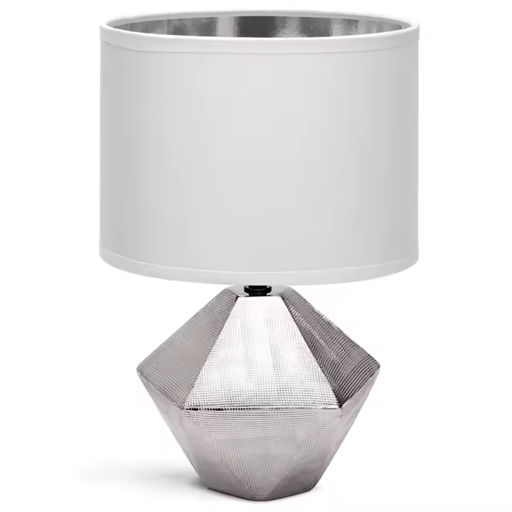 Aigostar Lámpara de Cerámica, casquillo E14, φ220mm. Forma de diamante, Plateado. Lámpara de Mesa o Mesita de Noche, Pantalla de Tela, Lámpara Escritorio Diseño moderno para Estudio, Salón - 1