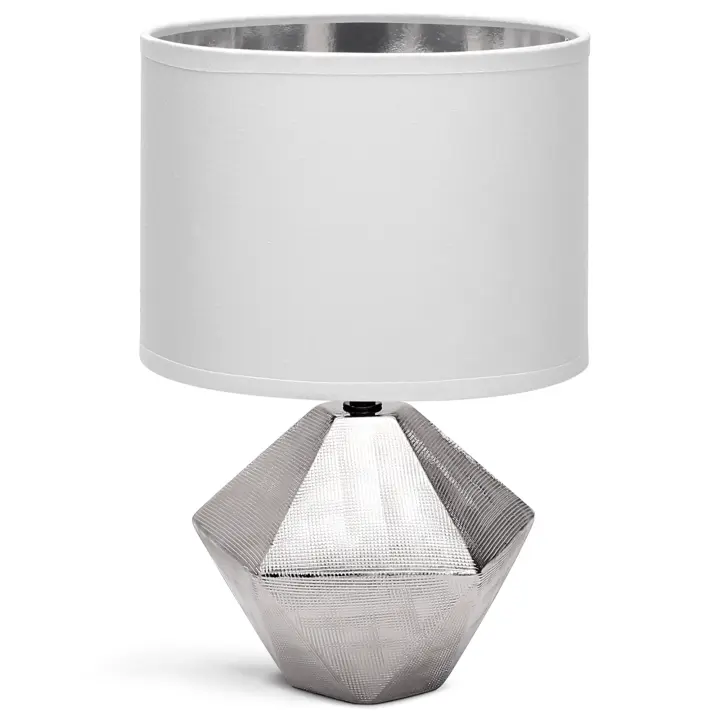 Aigostar Lámpara de Cerámica, casquillo E14, φ220mm. Forma de diamante, Plateado. Lámpara de Mesa o Mesita de Noche, Pantalla de Tela, Lámpara Escritorio Diseño moderno para Estudio, Salón - 1