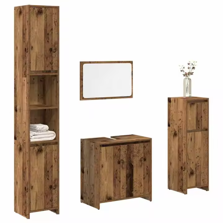 vidaXL Juego de muebles de baño 4 piezas madera ingeniería envejecida en color Madera antigua/Marrón roble/Negro | almacenamiento funcional diseño moderno para baño dormitorio sala - 1
