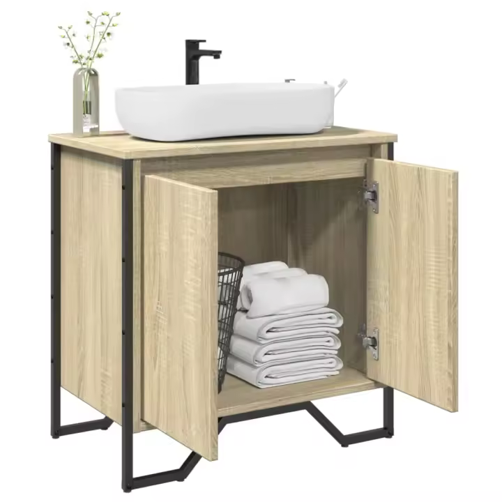 vidaXL Armario lavabo baño madera ingeniería 60x35x60 cm en color Marrón roble/Negro/Roble ahumado y más | almacenamiento funcional diseño moderno para baño dormitorio sala - 1