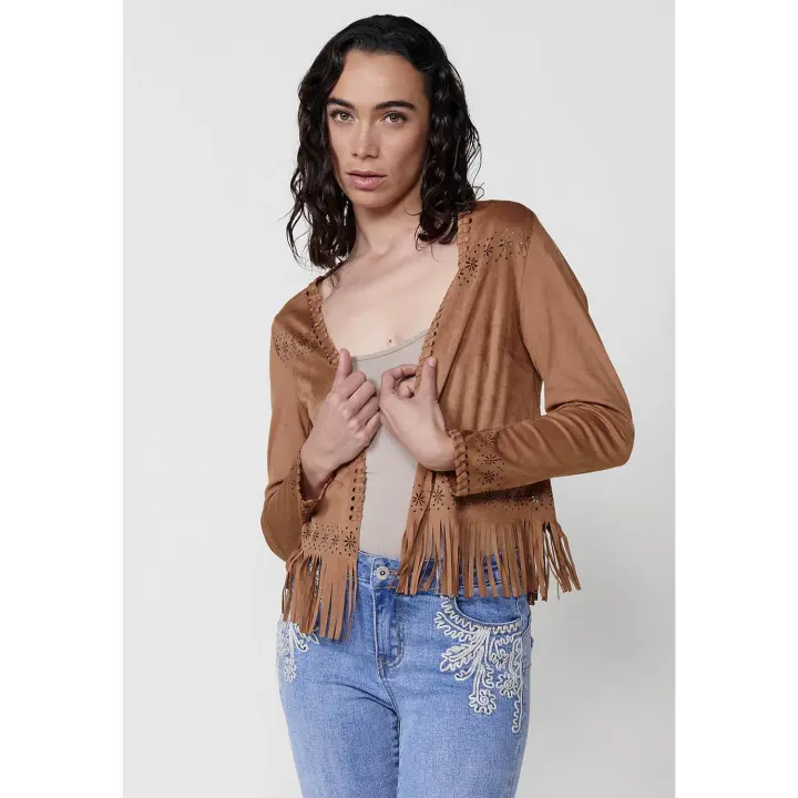 Koroshi - Chaqueta mujer efecto ante marrón con flecos bohemios y troquelados florales, abierta sin cierre para entretiempo - 1