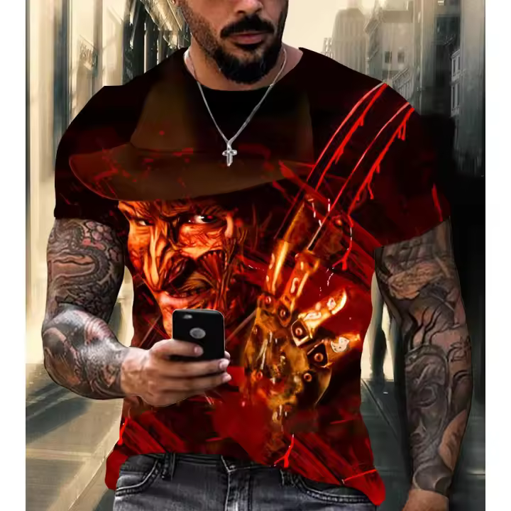 Camiseta De Verano Con Estampado 3D De Freddie Kruger Horror Película Callejera Corta Manga Moda Deportiva Top Casual Para Hombre - 1