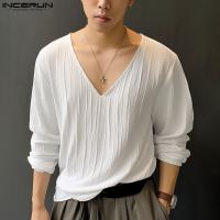 Camiseta De Hombre INCERUN Estilo Coreano 2024 Moda Casual Cuello V Pleated Suelto Manga Larga Cómoda Tallas S-5XL - details 3