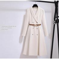 Vestido Elegante Para Mujer Con Doble Botón Y Cinturón Longitud Pierna Vestido Oscuro Blanco A-Line Estilo Oficina Moda Otoño 2025 - details 1