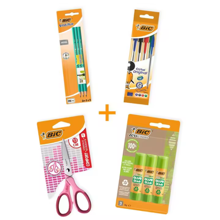 BIC Pack Escolar - 4 bolígrafos BIC Cristal de colores surtidos, 1 tijeras, 3 barras de pegamento y 1 conjunto de escritura (3 lápices de grafito HB, 1 goma de borrar y 1 sacapuntas) - 1