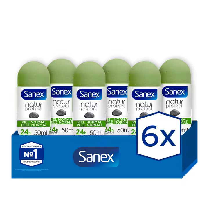 Desodorante roll-on Sanex Natur Protect piel normal 24h con piedra de alumbre 50ml. Pack 6 - 1