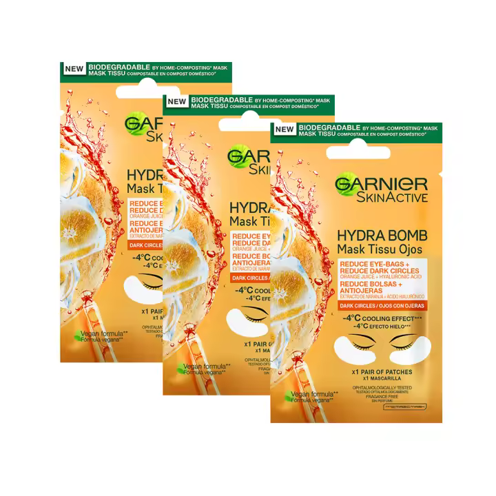Garnier Skin Active Mask Tissue mascarilla de tela contorno de ojos anti-fatiga y anti-ojeras con ácido hialurónico y extracto de naranja. - 1
