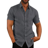 Camisa Casual Para Hombre De Algodón Y Lino De Estilo Playa Con Cuello En V Y Mangas Cortas Talla Grande Color Sólido Para Verano - details 1